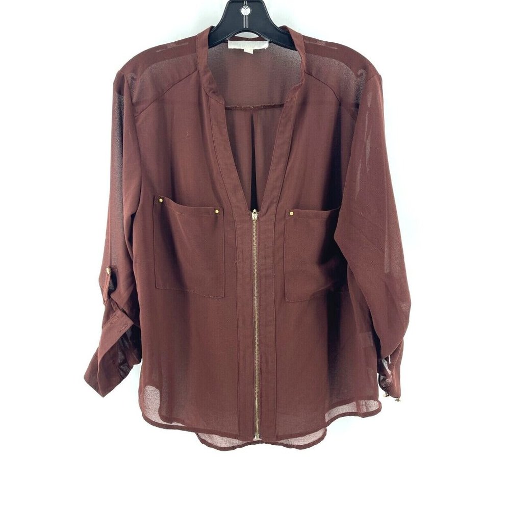 Lumiere Career Work Womens Blouse Top Brown Shirt Zipper Cuff Sleeves Small